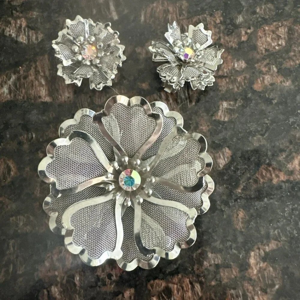 Vintage Signed BED Metal Mesh Flower Brooch & Earrings Set Silvertone AB Stones
